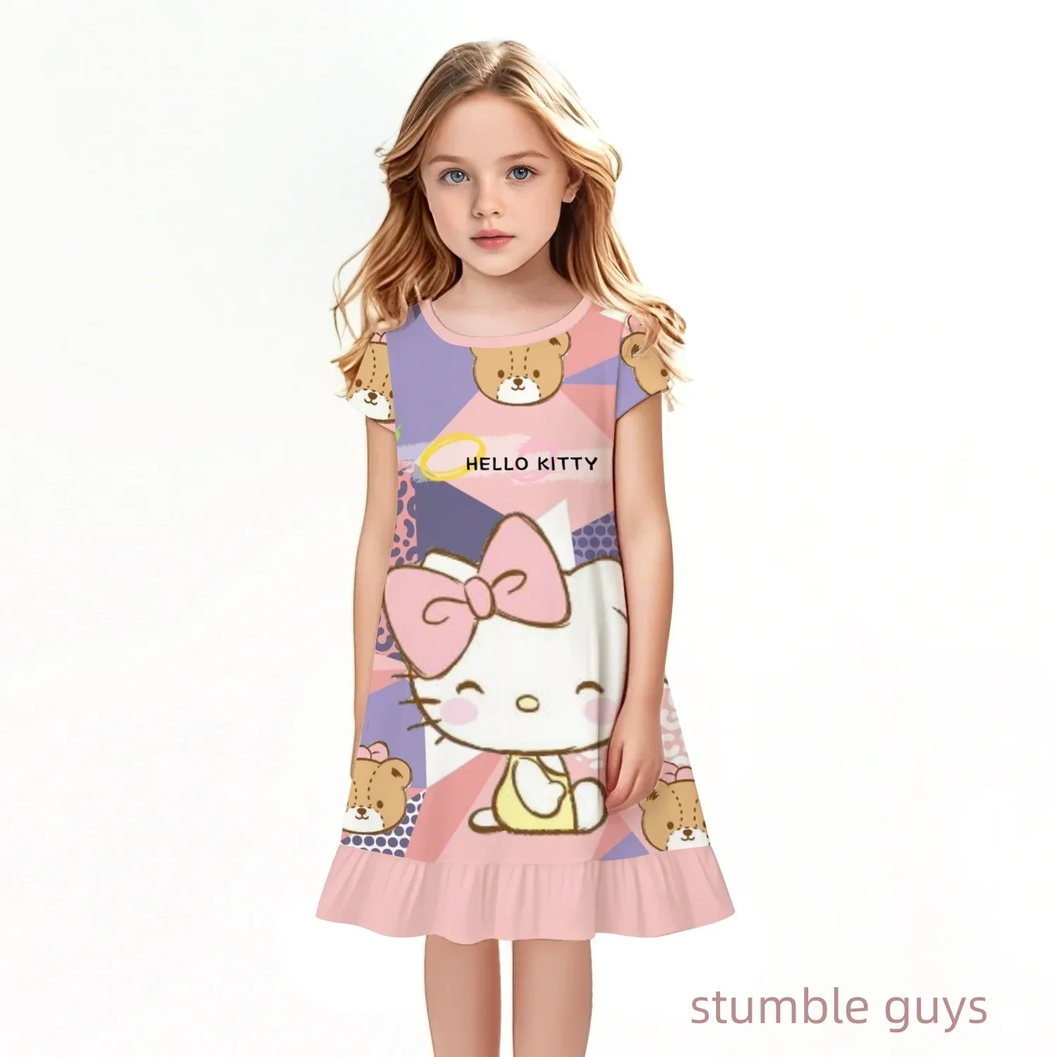 

Summer Cartoon Dress Sleepwear Princess Girls Printing Nightgowns Children Party Dresses Pajamas Sleeve Skirt Ruffle Hello Kitty