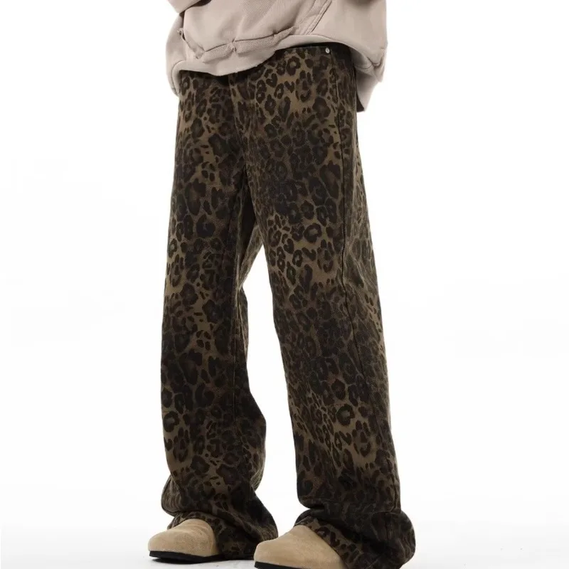 Tan Leopard Jeans Frauen Jeans hose weibliche übergroße Hose mit weitem Bein Streetwear Hip Hop Vintage Kleidung locker lässig