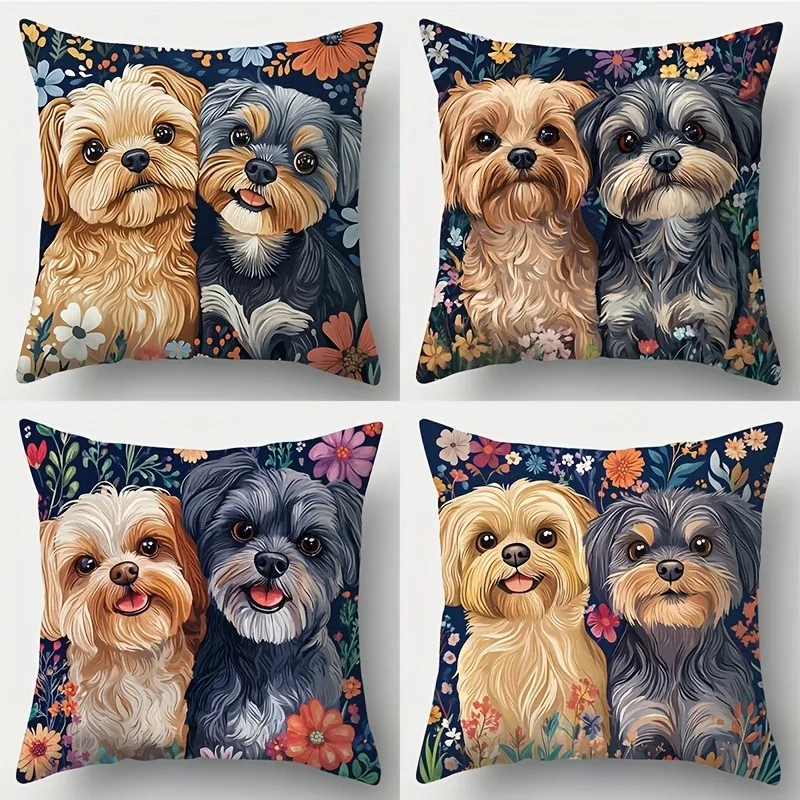 Dog Portrait Pillowcase Set 4pcs Floral Pet Lover Cushion Cover Gift Puppy Art Boho Canine Home Decor