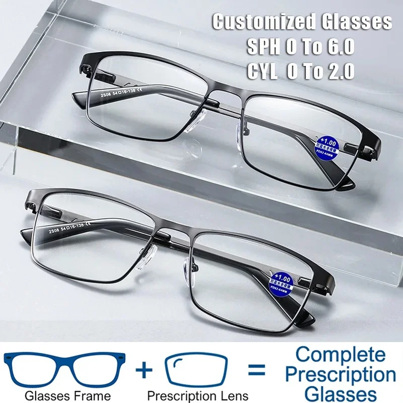 

Customised Eyewear Men's Square Metal Frames Prescription Glasses HD Anti-blue Light Business Glasses Optical Lenses with Recipe