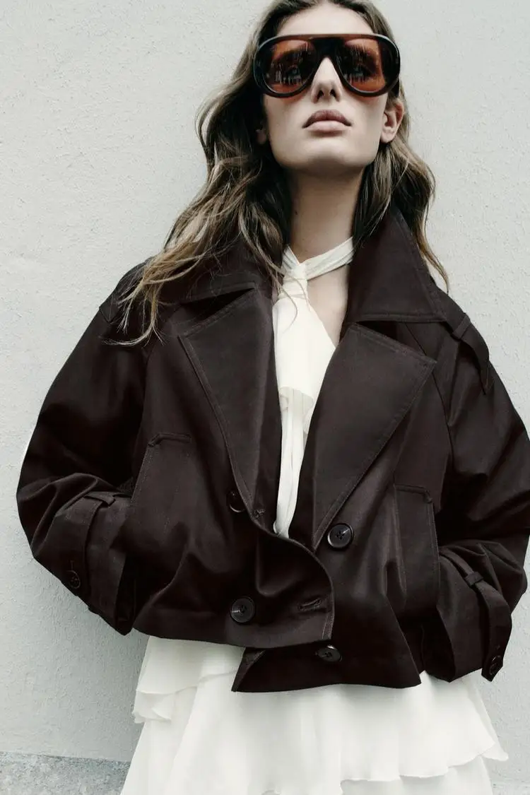 

YY0416 Autumn/Winter 25 New Women's Clothing British Style Fashion Versatile Double breasted Short sleeved Windbreaker 3046259