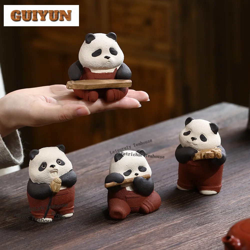 Yixing Purple Clay Panda Play Musical Instruments Tea Pet Traditional Lucky Model Tea Figurine Play Toys Tea Statue Ornaments