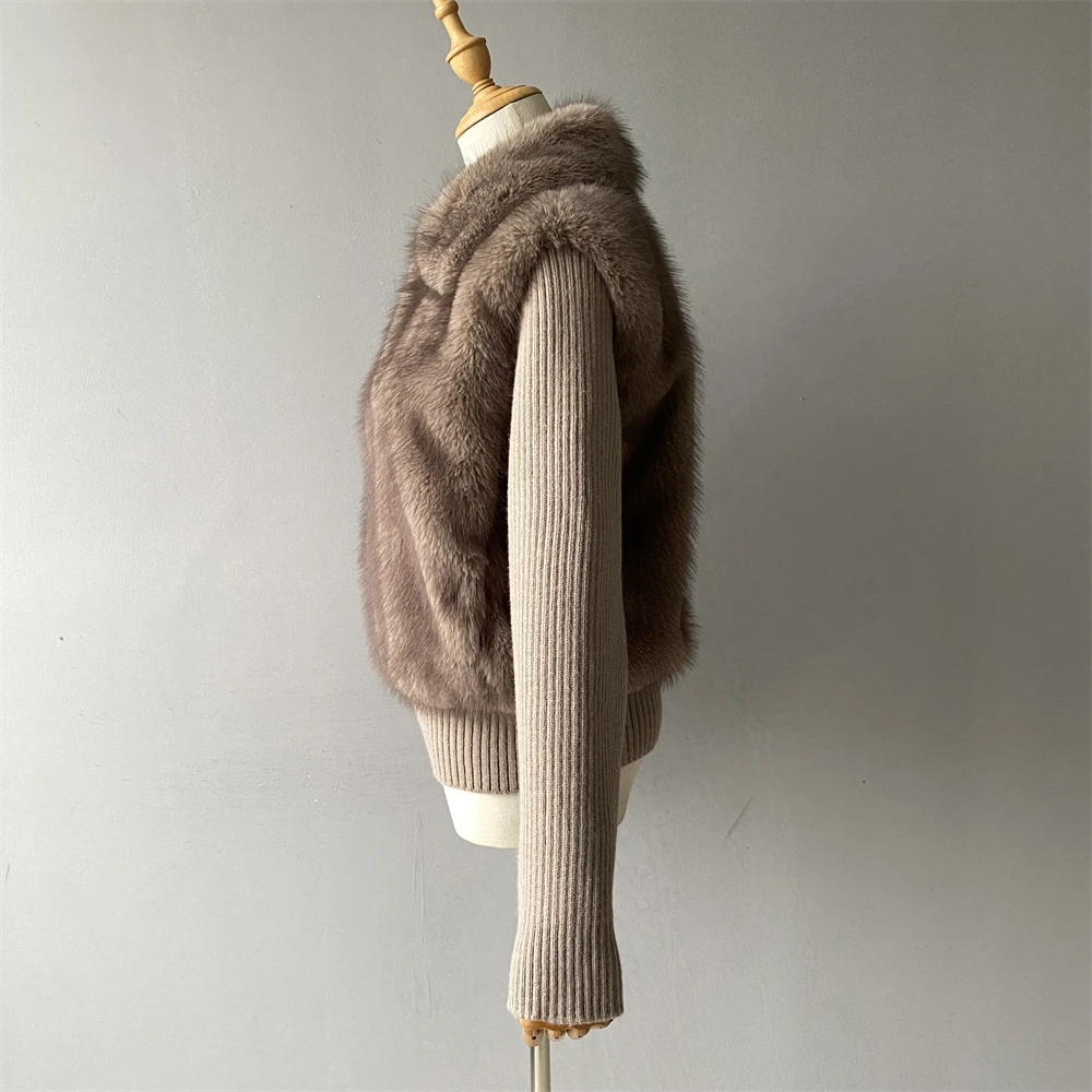 Luxyonuo casaco de inverno feminino moda malha costela retalhos casaco de pele do falso casual quente jaqueta com zíper 2025 outono nova lapela outerwear