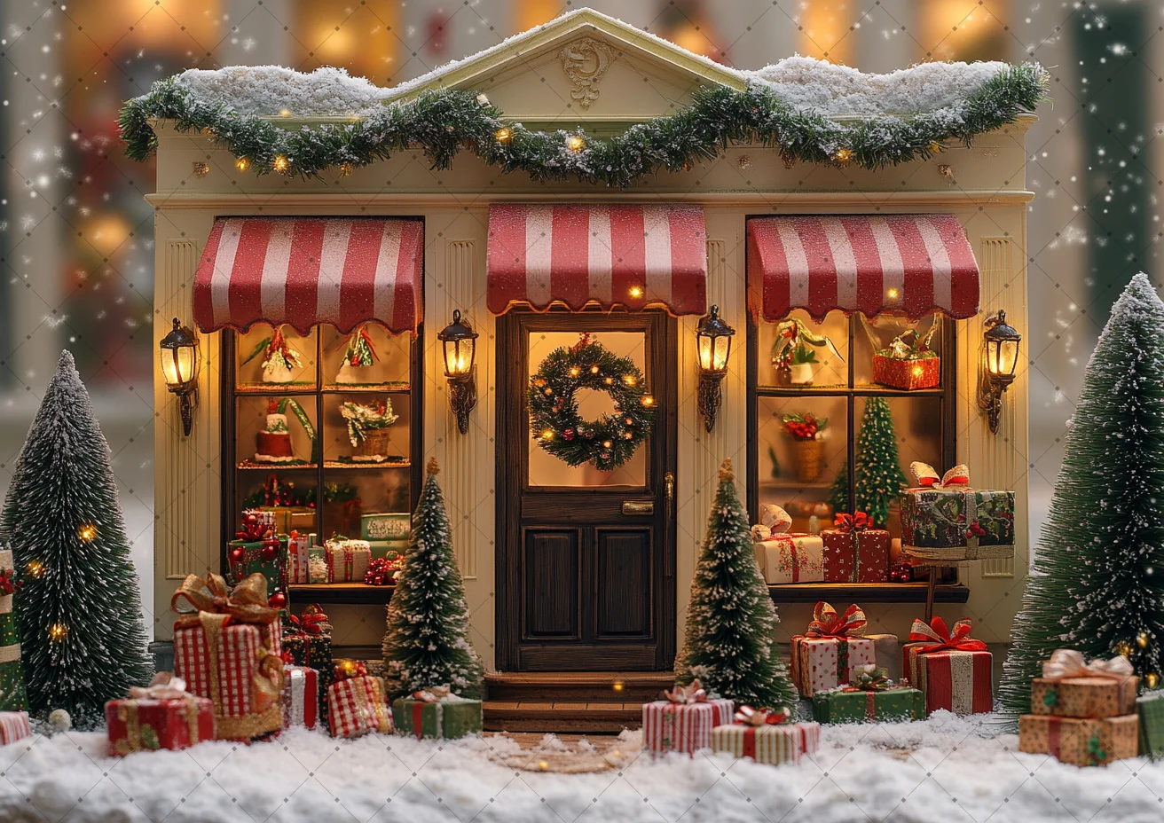 Snowy Christmas Storefront Backdrop Red Canopy Xmas Wreath Pine Tree Gift Box Holiday Portrait Photo Booth Background Cloth