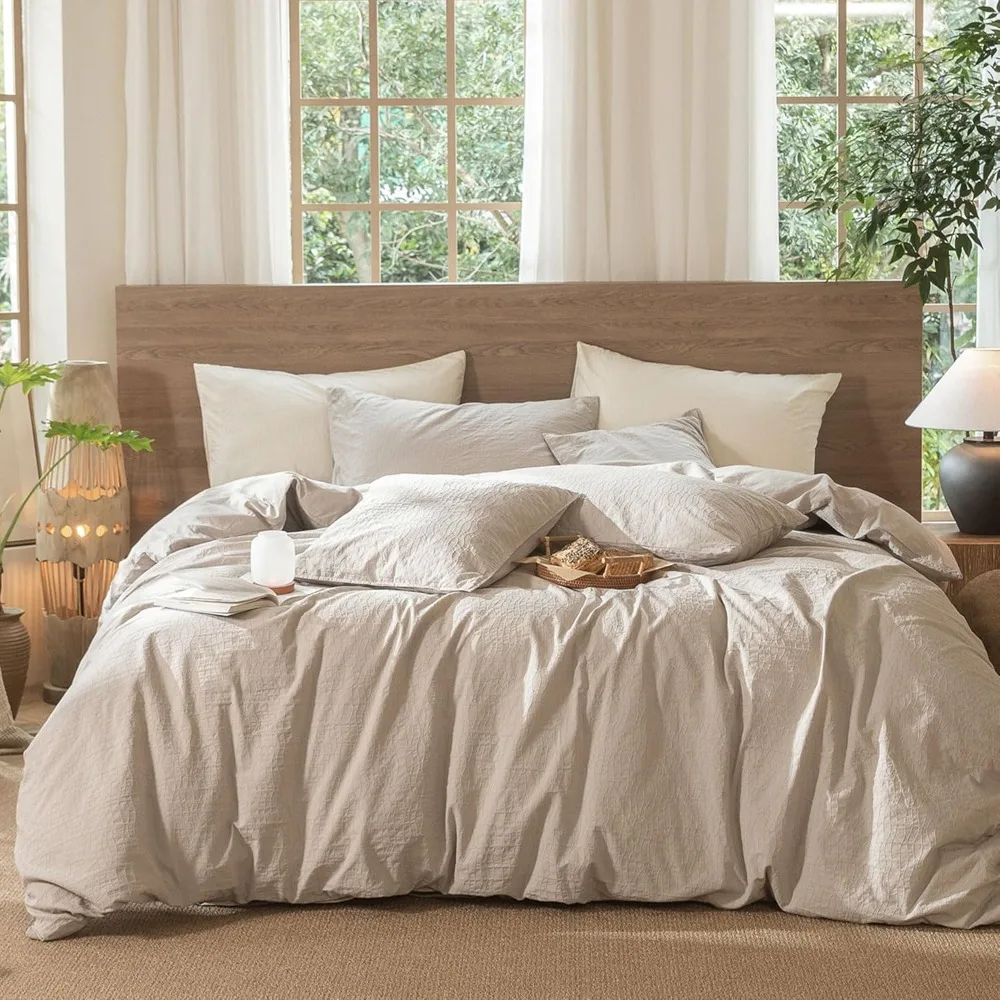 

Tool Wavy Striped Duvet Cover Set 100% Washed Cotton Linen Like Textured Breathable Durable Soft Comfy (Beige, King )