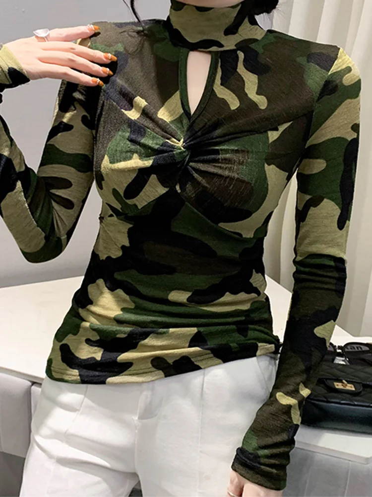 Winsleter-Camiseta de manga larga para mujer, Top básico ajustado con estampado de camuflaje, cuello simulado, Sexy, otoño e invierno, T39770JM