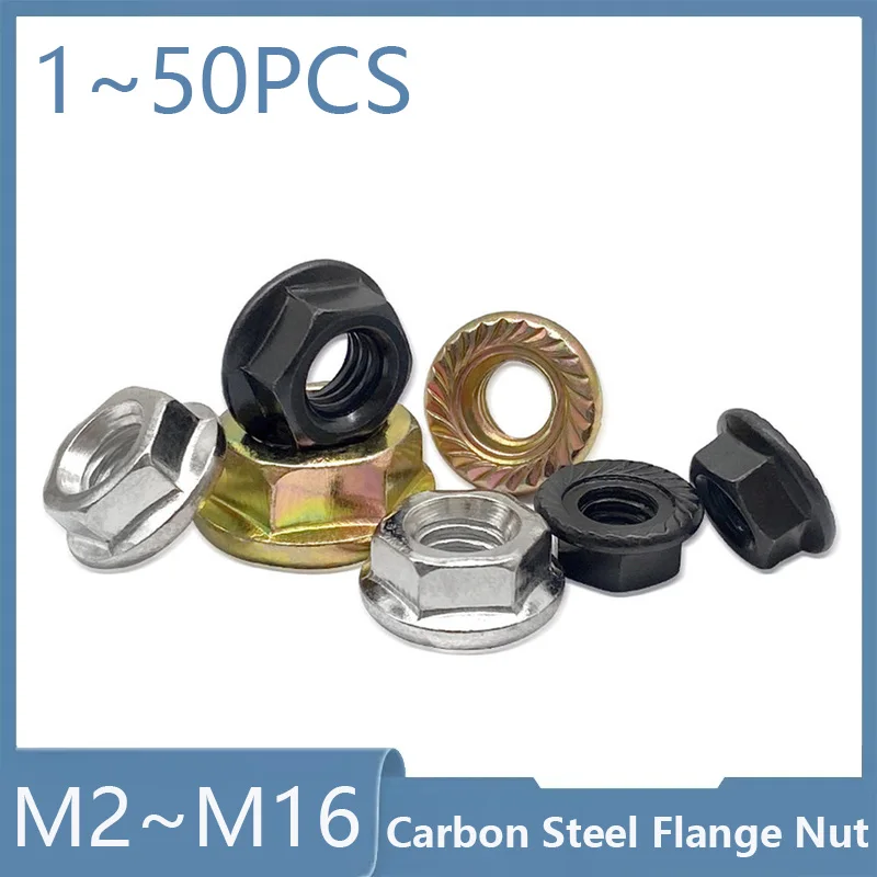 Carbon Steel Serrated Flange Nut Black Nickel Plated Colour zinc Hexagon Serrated Spinlock Lock Flange Nuts M2 M2.5 M3 M4 M5~M16