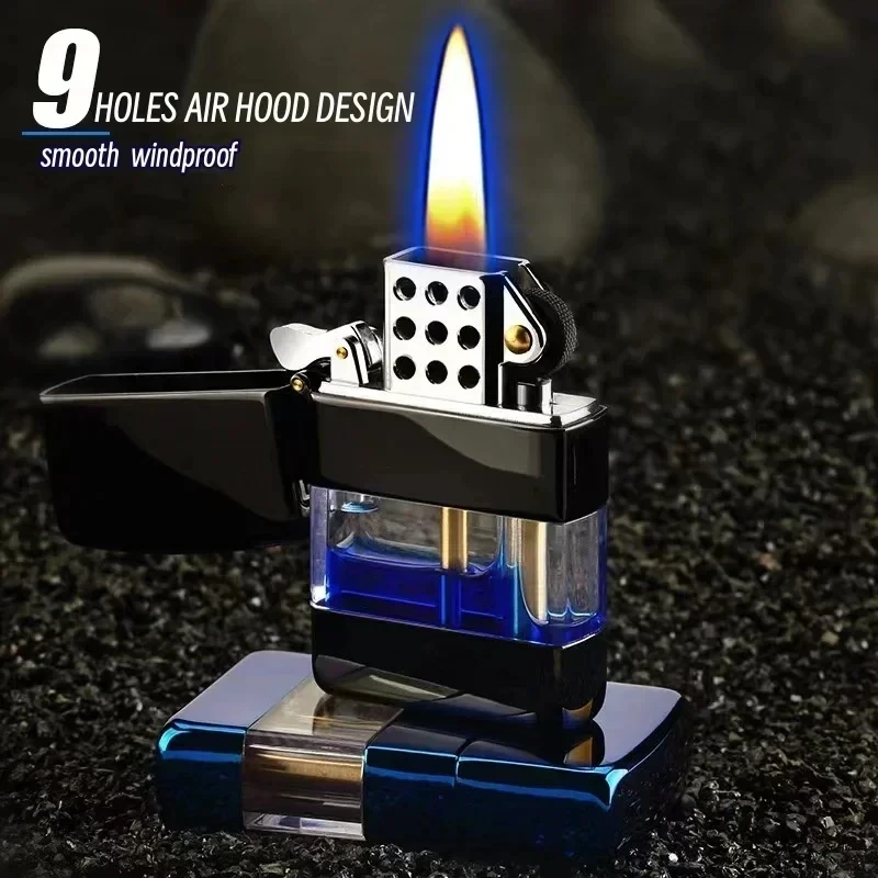 Neue Metall Transparent Öl Tank Retro Feuerzeuge Schleifen Rad Winddicht Benzin Feuerzeug männer Geschenk Zigarette Zubehör