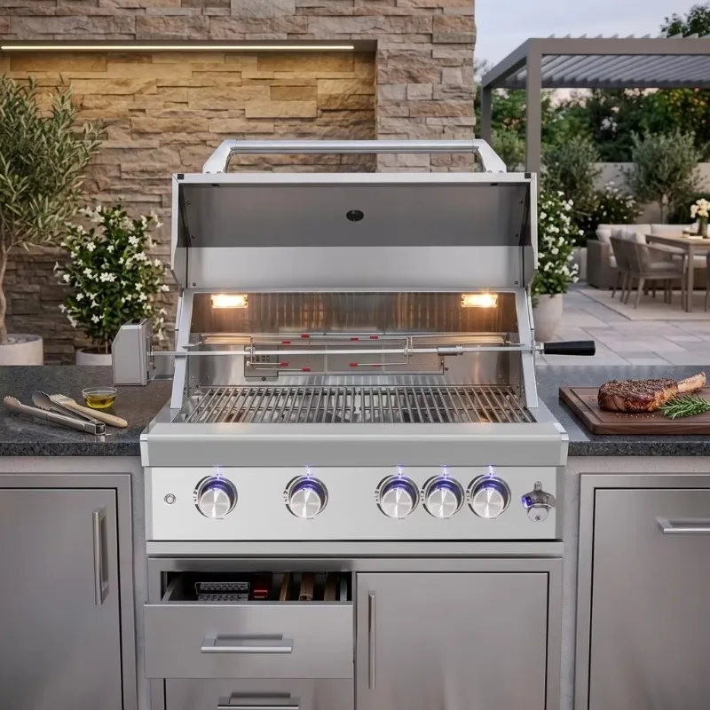 Professional 304 Stainless Steel Outdoor BBQ Gas Grill Factory Sell Adjustable Height Portable Fast Heating Built-in Kitchen