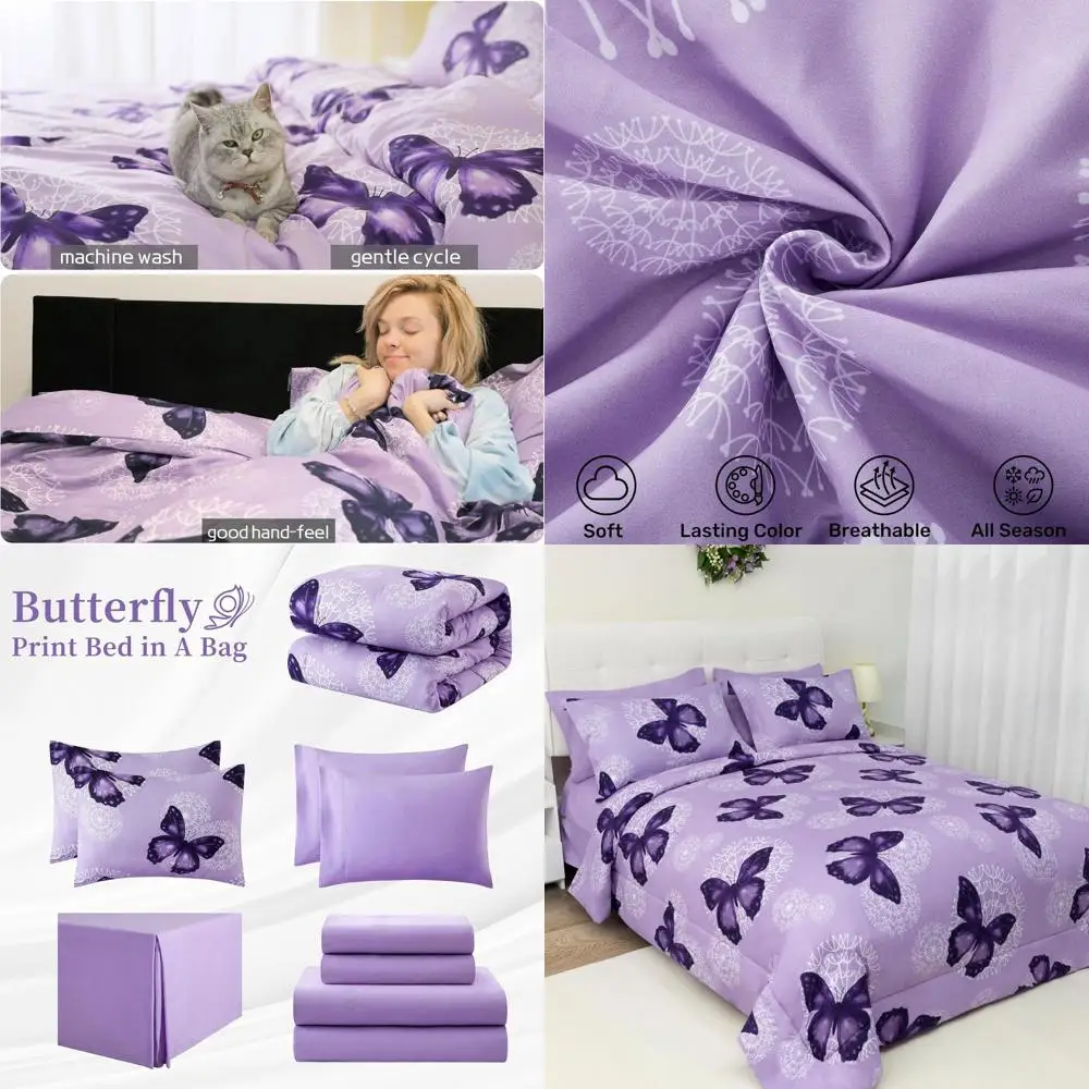 

Комплект постельного белья Purple Butterfly из 8 предметов (для кроватей Full/Queen): всесезонное белье с наволочками, плоскими и натяжными простынями, юбкой для кровати