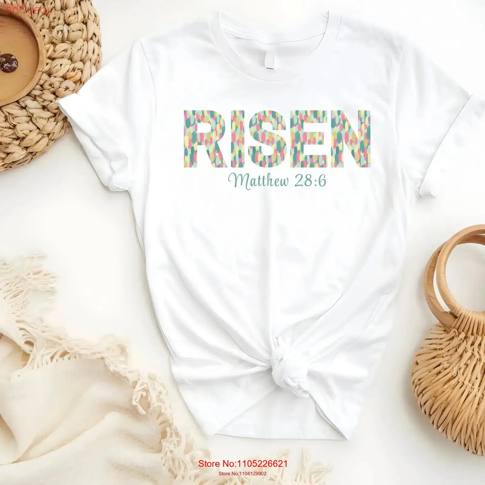 Pastel Brushstroke Risen Easter T Shirt Matthew 28 6 Scripture Christian Apparel Resurrection Celebration vintage Washed Casual