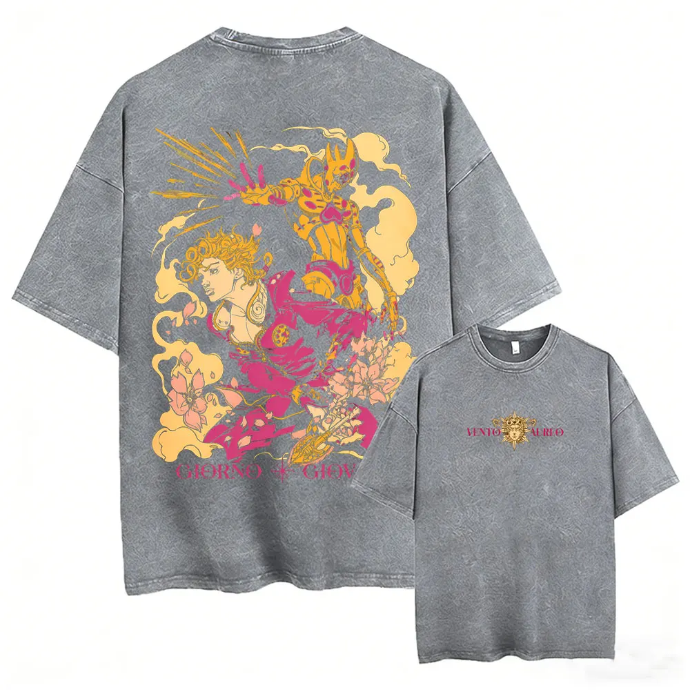 Anime Jojo Bizarre Adventure Giorno Giovanna Washed Vintage T-shirt Men Women Manga Retro Oversized T Shirt Male Cotton T-shirts