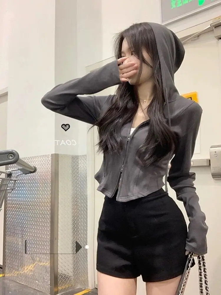 

Приталенный укороченный кардиган с узором «рыбья кость» для женщин, с длинными рукавами, капюшоном, двойной молнией, в повседневном стиле, из полиэстера