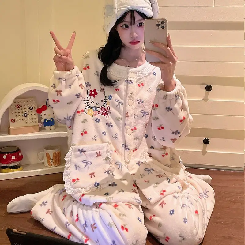 

Ins Pajama Girl Winter Flannel Warm and Thickened Hello Kitty Cute Long-sleeved Trousers Casual Soft Coral Velvet Home Wear Set