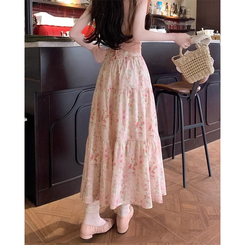 레트로 플로럴 플리츠 스커트 여성용 신상품 신축성 있는 허리 슬림 A라인 미디길이 큰 스윙 우산 스커트