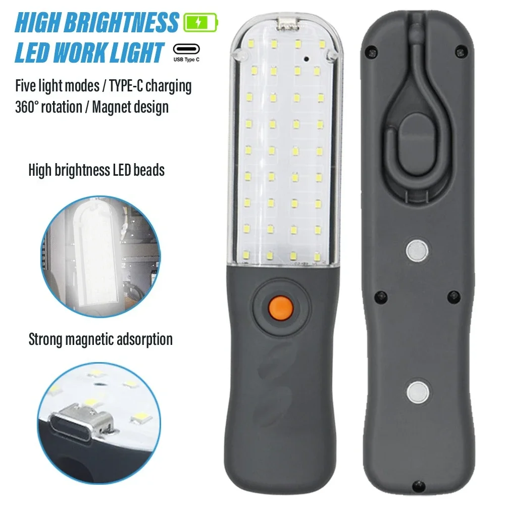 Portable Magnetic Auto Repair Work Light USB Rechargeable LED Flashlight With Magnet Hook For Car Repair Fishing Emergencies