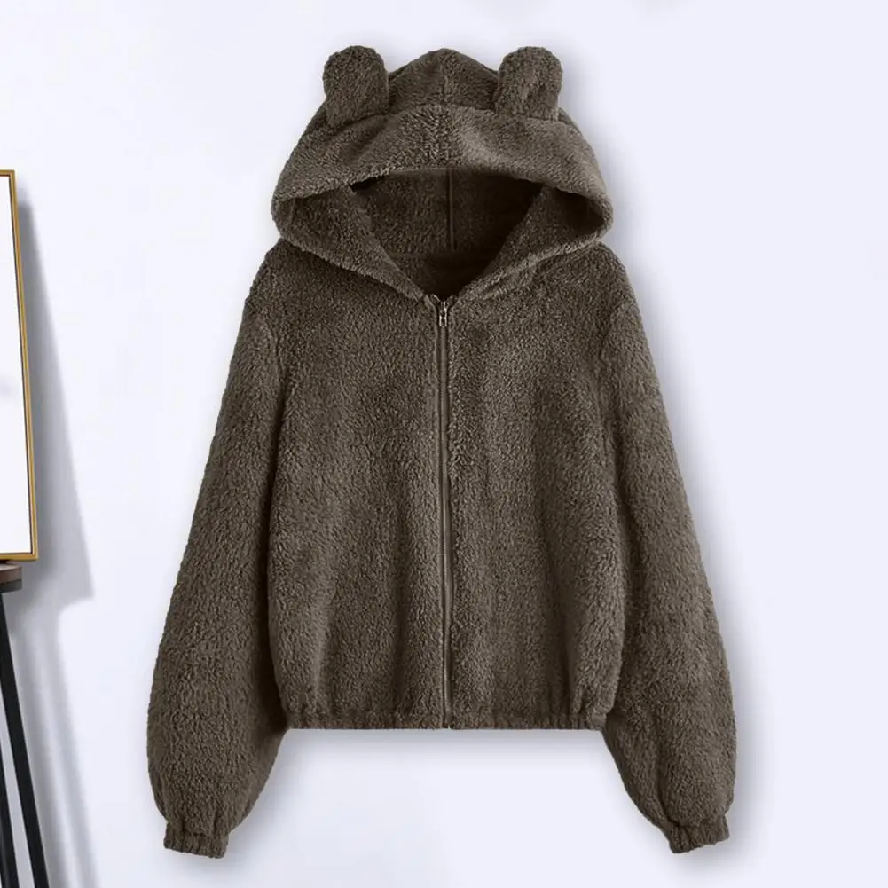 Women Coat Hooded Ears Decor Loose Fit Fuzzy Hoodie Sweatshirts Coldproof Long Sleeves Autumn Winter Thermal Ladies Jacket