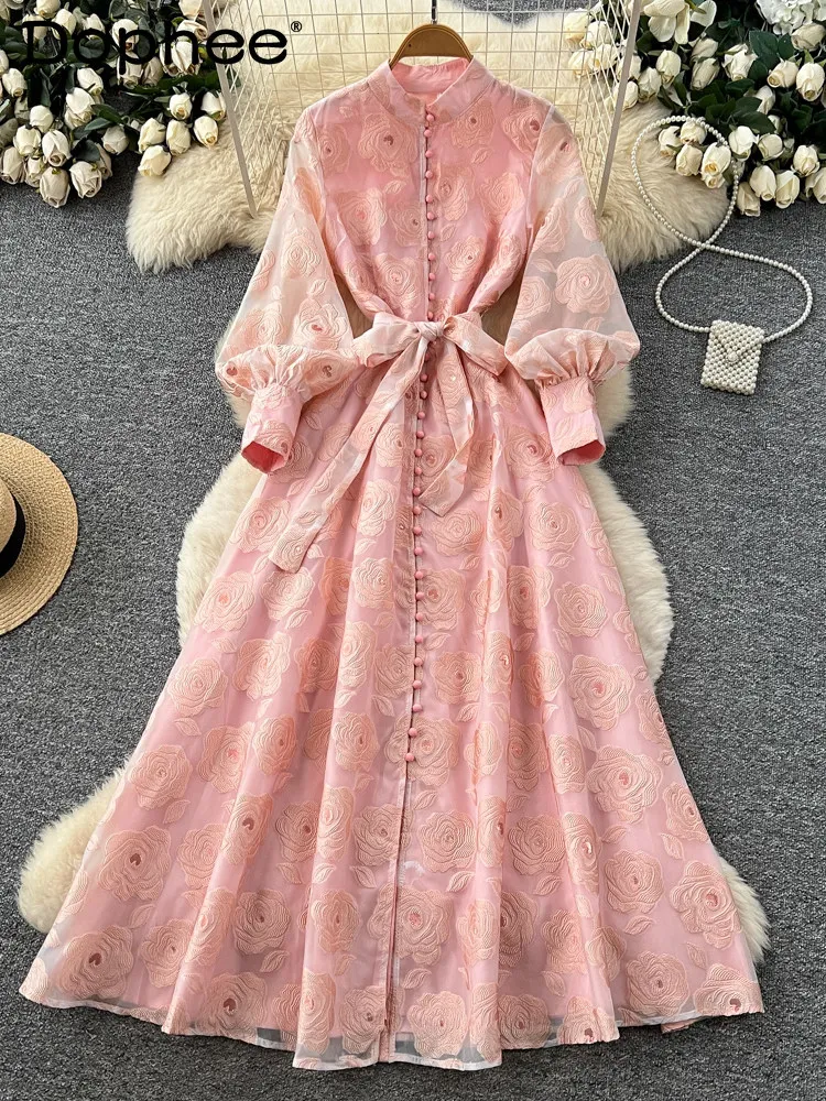 

French Romantic Lantern Sleeve Embroidery Dress 2026 Spring New Slimming Waist A-line Elegant Women's Long Dress