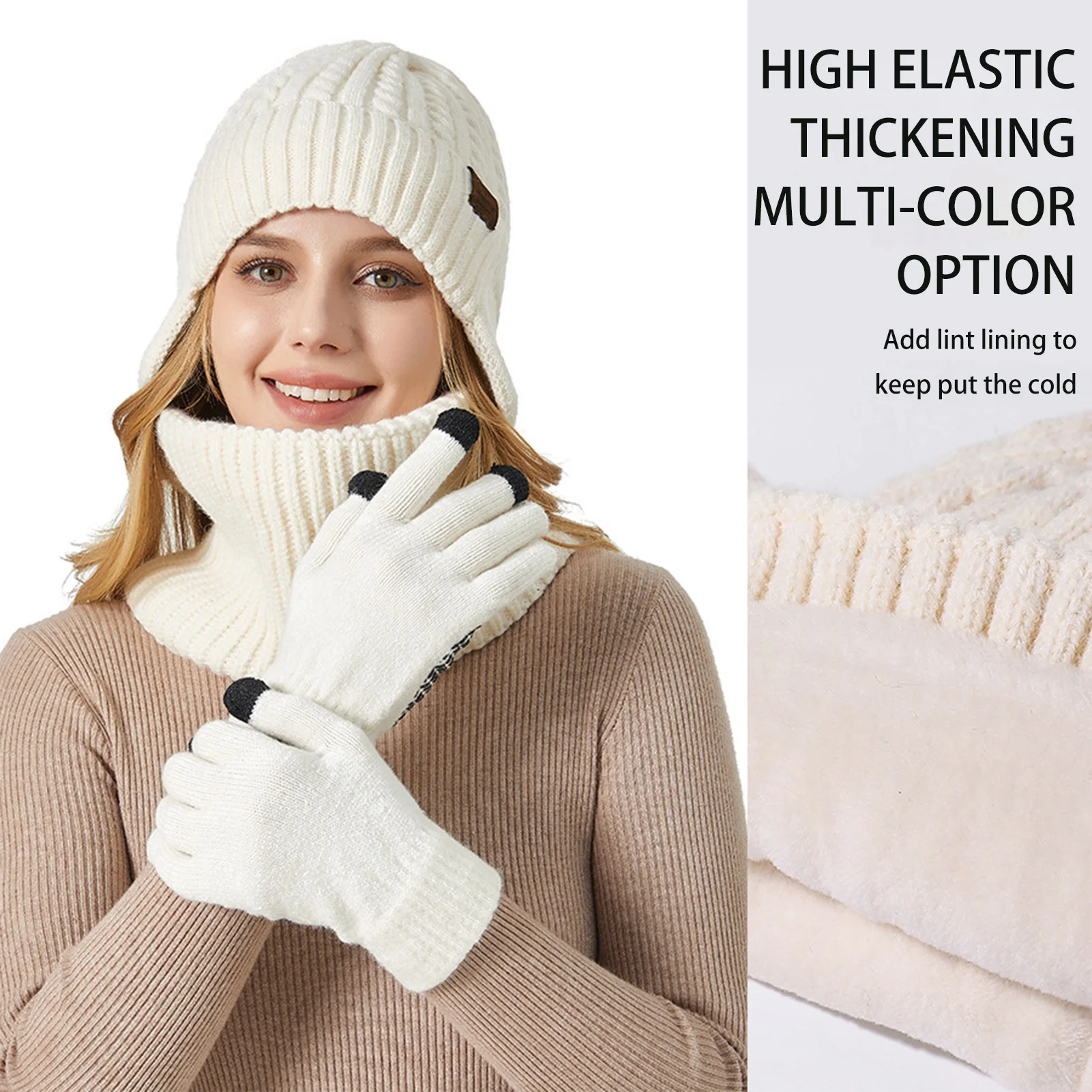 Warm Gebreide Muts En Hals Gebreide Slouchy Muts Met Muts Hals Warmer Scherm-Touch Sms-Handschoenen Voor Sneeuwkoud Weer