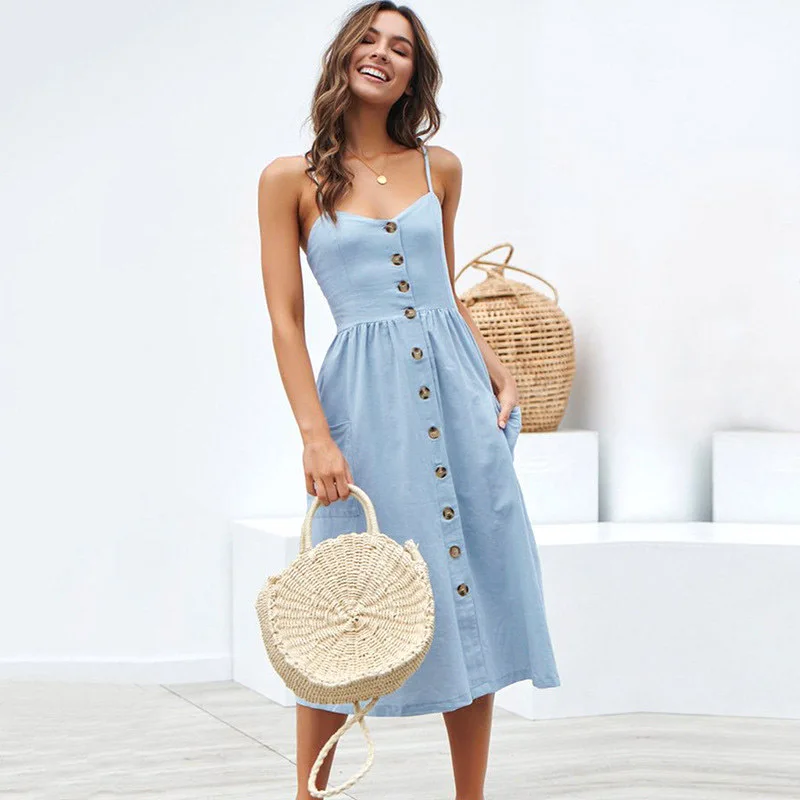 Summer New Women Sexy Sling Pocket Button Dot Beach Dress 2024 Female Bohemia Holiday Retro Fashion Solid Color Odzież damska