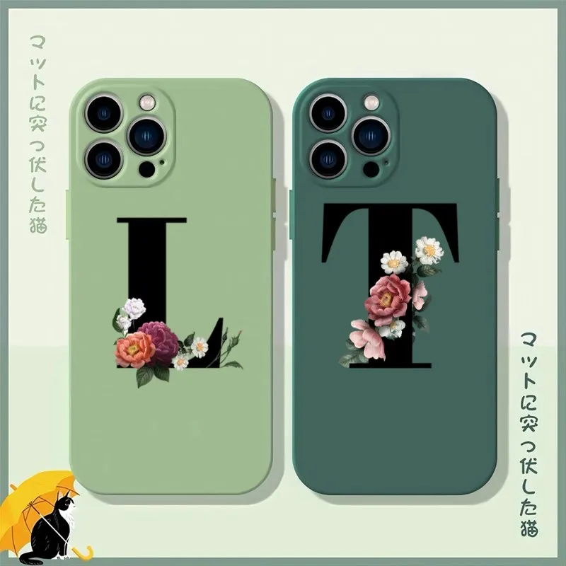 Color Pattern Flower Letters Phone Case Matcha Green For IPhone 12Pro 13 14 11 Pro Max Mini Xs X Xr 7 8 6 Plus Se2020 Cover