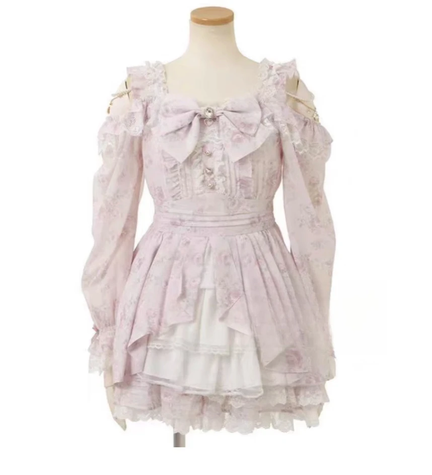 Nieuwe lente Japanse Liz Fairy off-the-shoulder parel bloemen bedrukte strikjurk + korte rok 2-delige set dames Lolita-jurkset - afbeelding 1