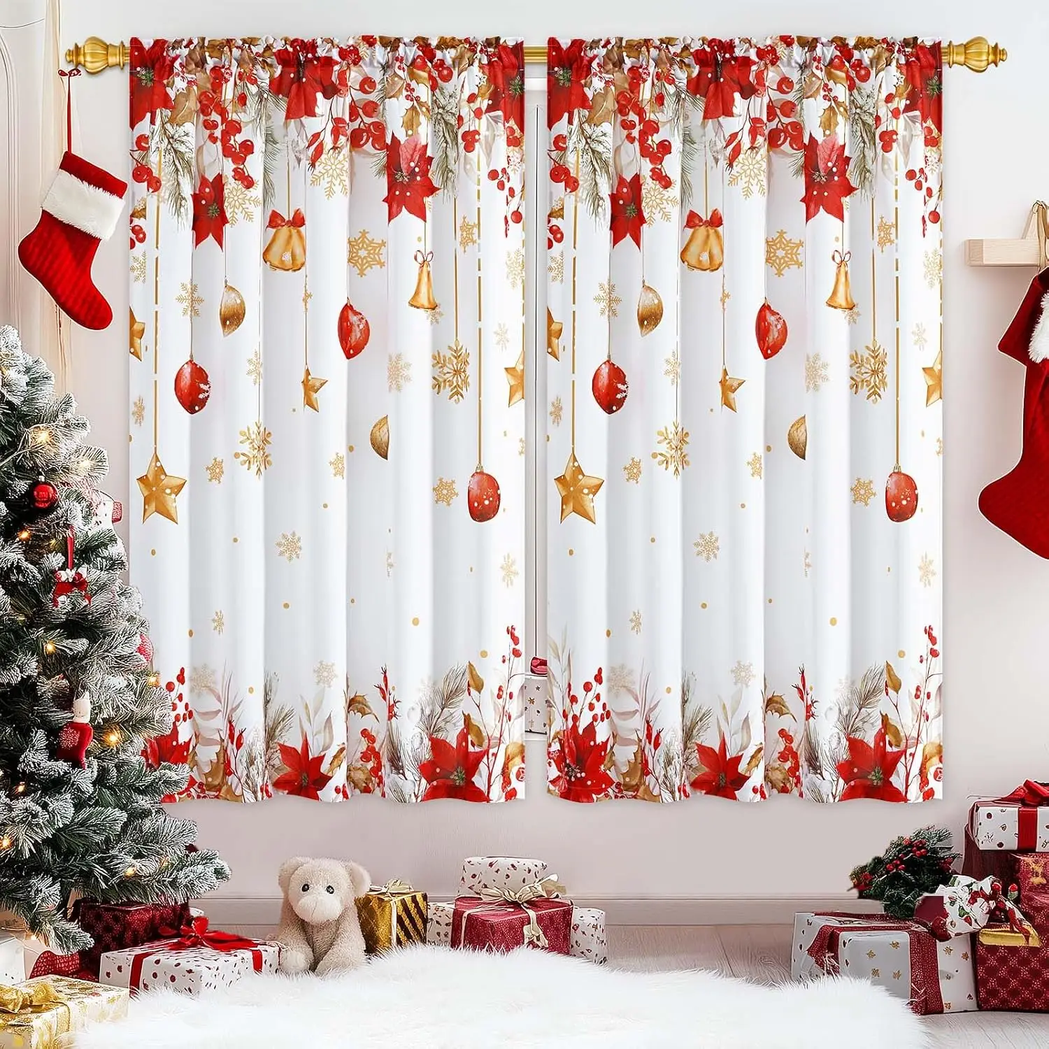 Xmas Holiday Curtain Panels, Golden Bell Star Bauble Red Floral Snowflake Art Print Drapes for Living Room Window Home Decor