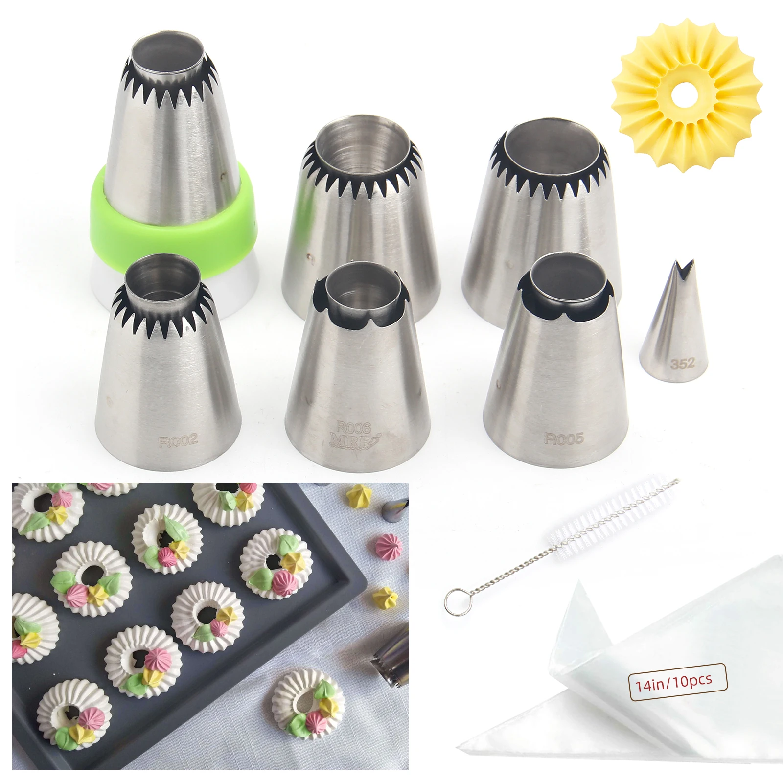 

MRF 7PCS Sultanle Ring Stainless Steel Piping Nozzles Set with Coupler Brush Cake Decorating Flower Pastry Icing Tips MRF0063
