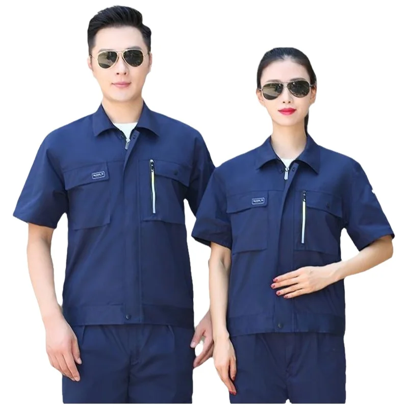 Summer Comfortable Work Uniform Short Sleeve Flocking Cotton Polyester Labor Protection Suit Customizable Machine Repair Set