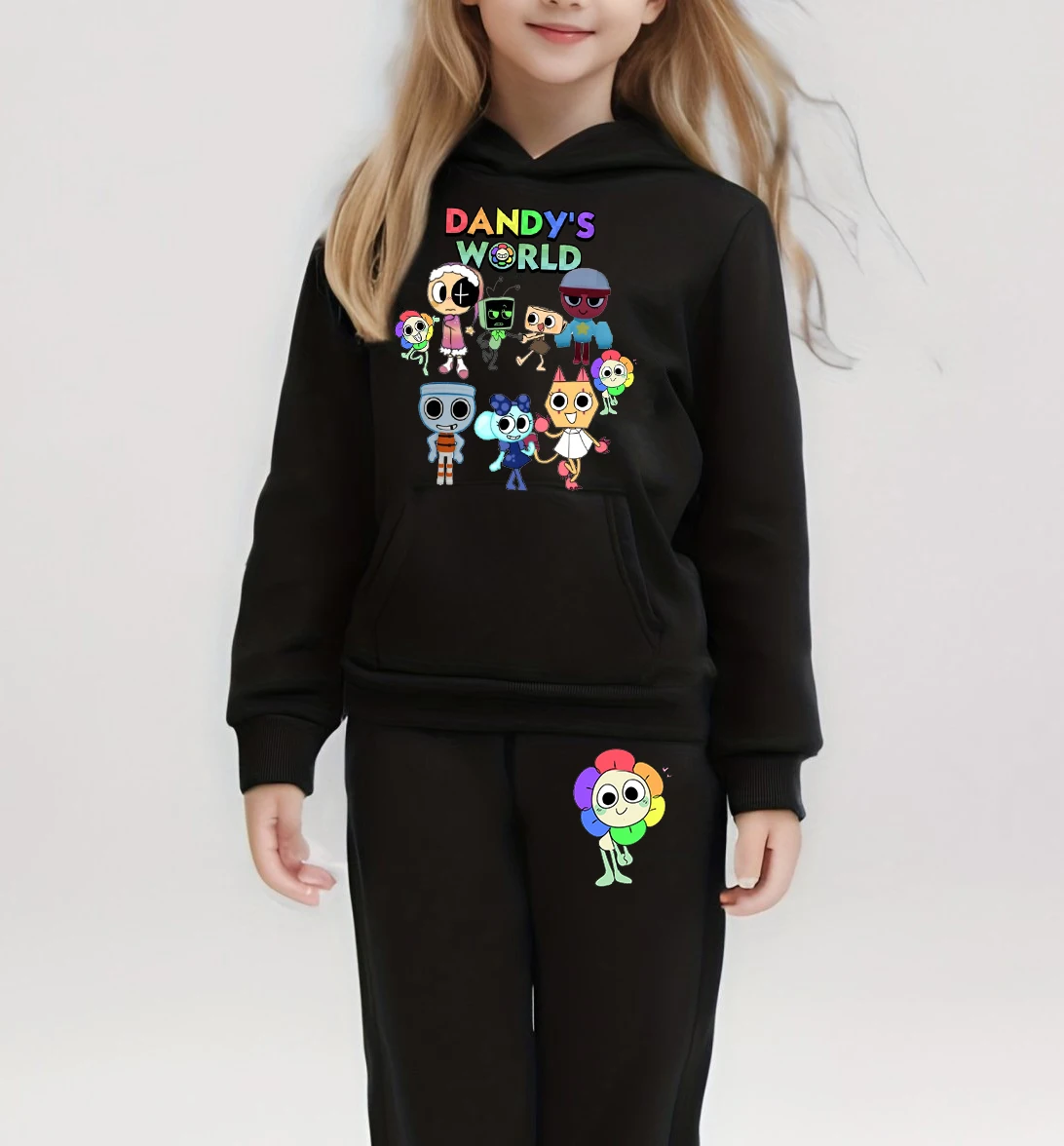 

New Dandys World Printed Hoodie+Pants Set Boys Casual Sportswear Girls Clothes Kids Fashion Sunflower Cartoon Sweatsuit Suits