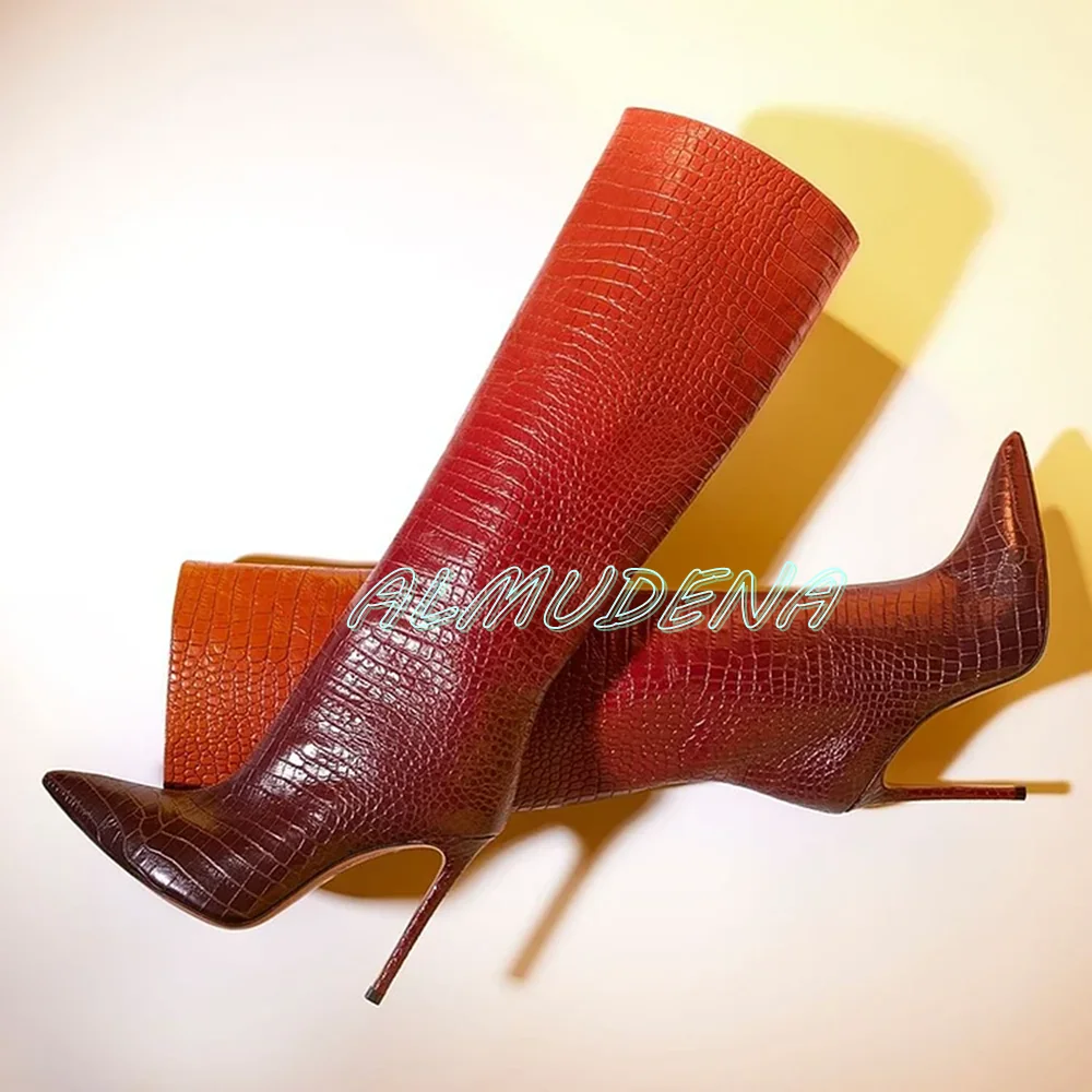 Crocodile Embossed High-heel Boots Luxury Ombre Color Pointed Toe Thin High Heels Slip-on Handcrafted Winter Women Boots 2025