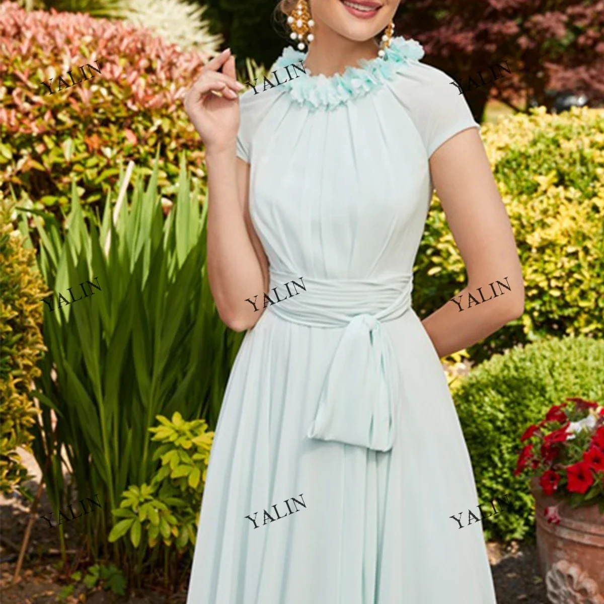 Customized Summer Sale Mint Green Mother Of The Bride Dresses Pleated Chiffon 3D Flowers Prom Simple A-Line Evening Gowns