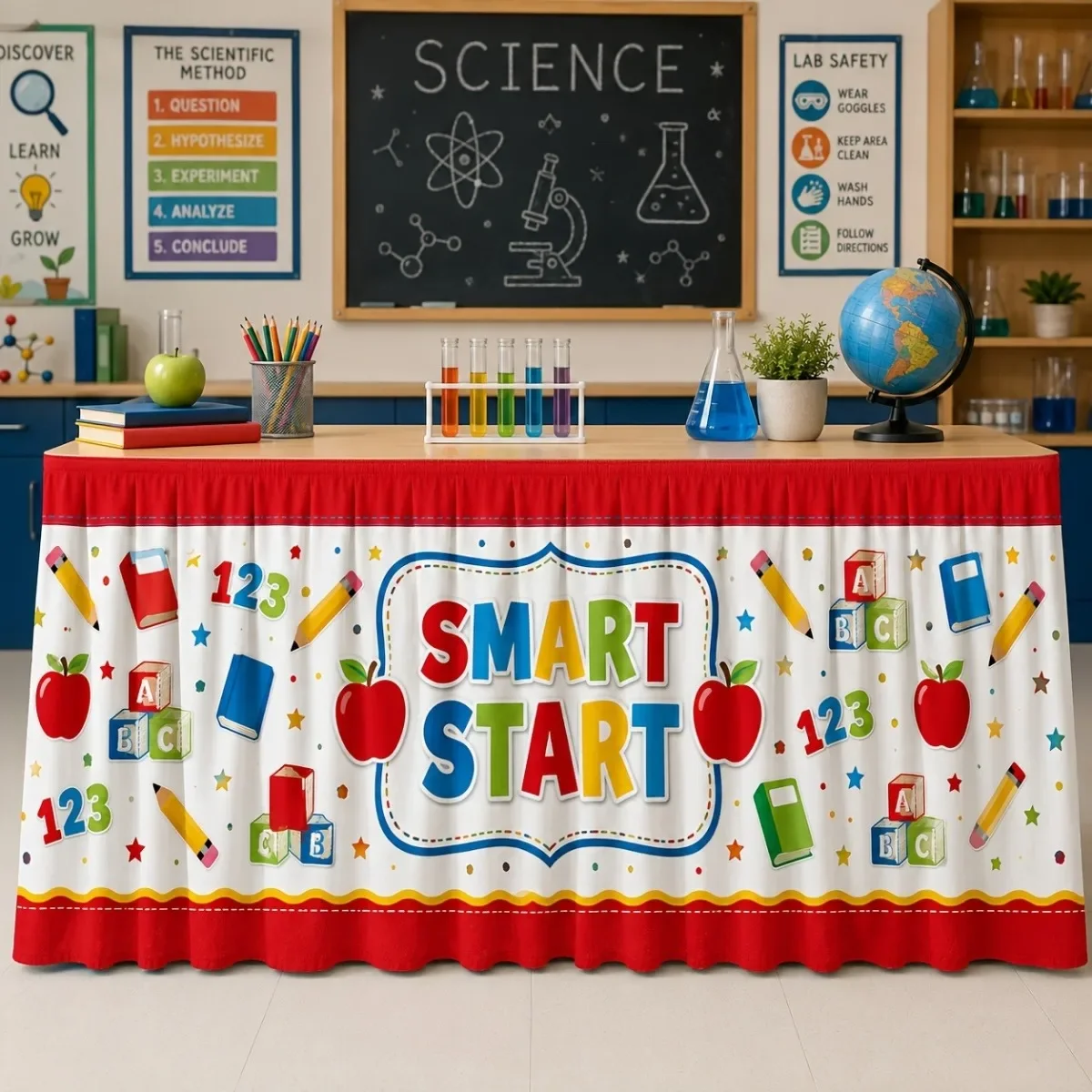 1PC Party Table Dress, Educational Theme, Artistic Activity Style, Printed with Pencil, Book, Apple