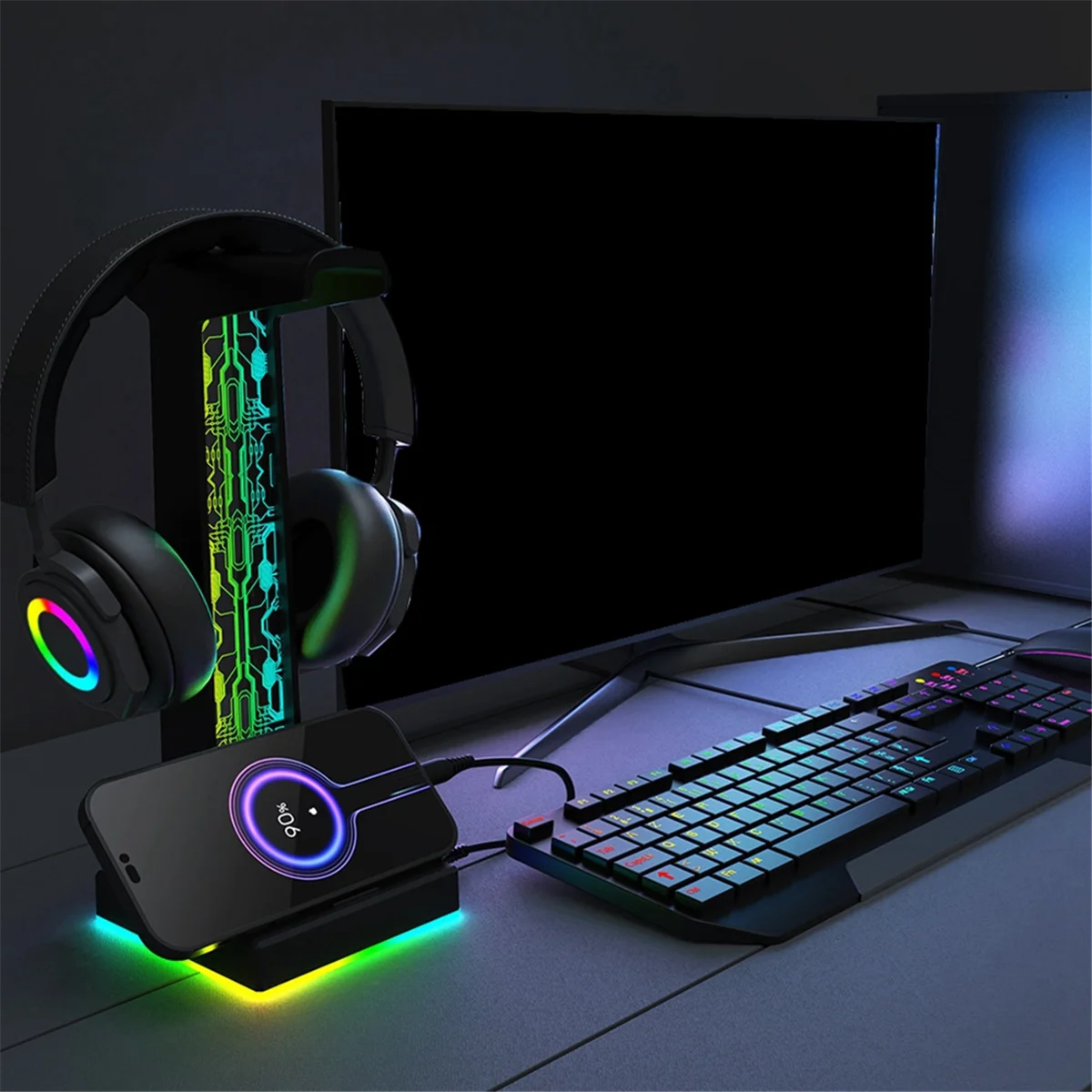 ที่วางชุดหูฟังสําหรับเล่นเกม Piifox RGB ยอดนิยมพร้อมไฟ 10 ดวง อินเทอร์เฟซ USB คู่