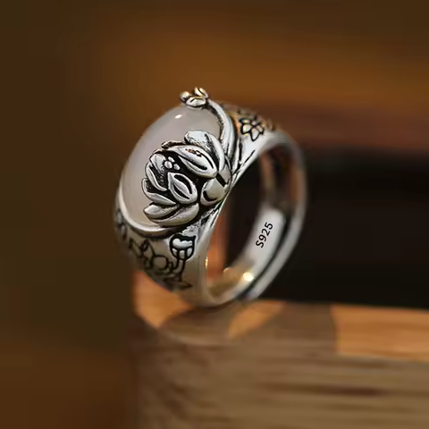 925 Sterling Silver Rings For Women Vintage Handmade Adjustable White Stone Ring Fashion Band Female Bijoux Gift