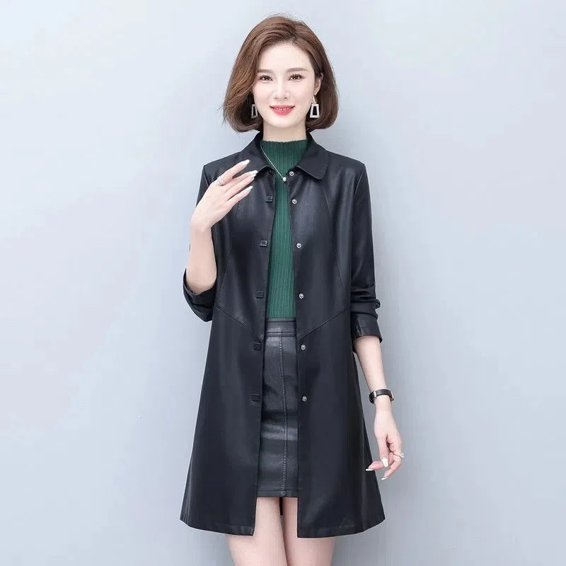 Women PU Leather Jacket Spring Autumn Winter Mid-length Female Faux Leather Windbreaker Korean Loose Large Size 5XL Leather Coat