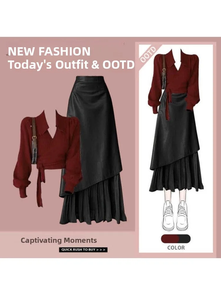 

Женский винтажный вязаный комплект больших размеров: топ с поясом и асимметричная юбка с высокой талией. Модный весенний комплект из двух предметов.