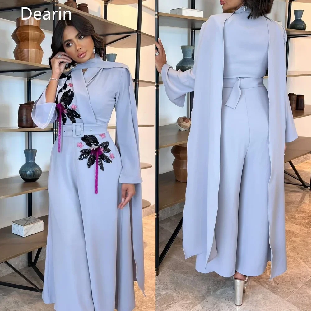 

Customized Prom Dress Saudi Arabia Dearin High Collar Pants Ankle Length Skirts Ribbon Applique Bespoke Occasion Dresses Formal