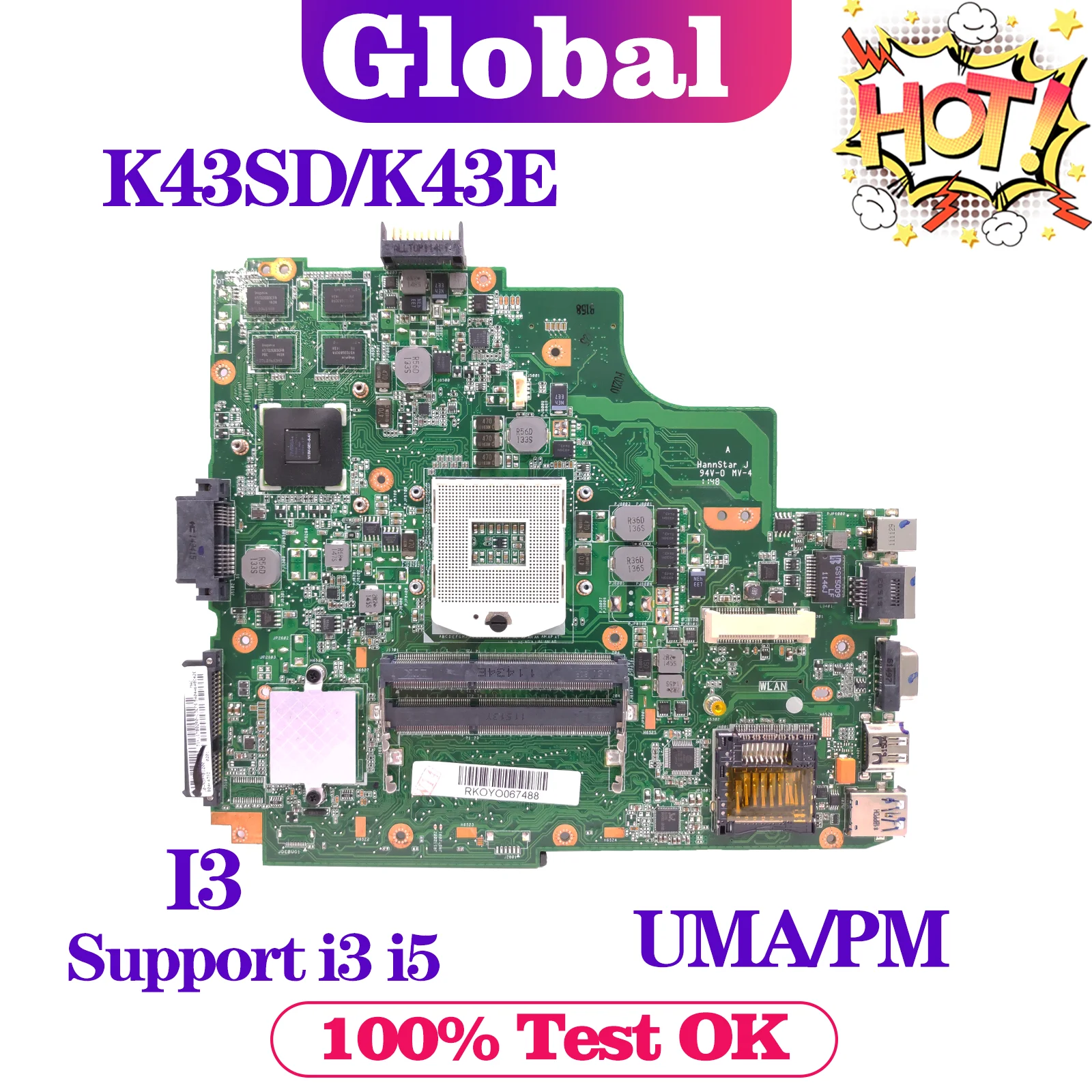 

KEFU A43S Laptop Motherboard For ASUS A84S K43SD A83S K43E Notebook Mainboard With I3 Or Support I3 I5 GT610M/2G