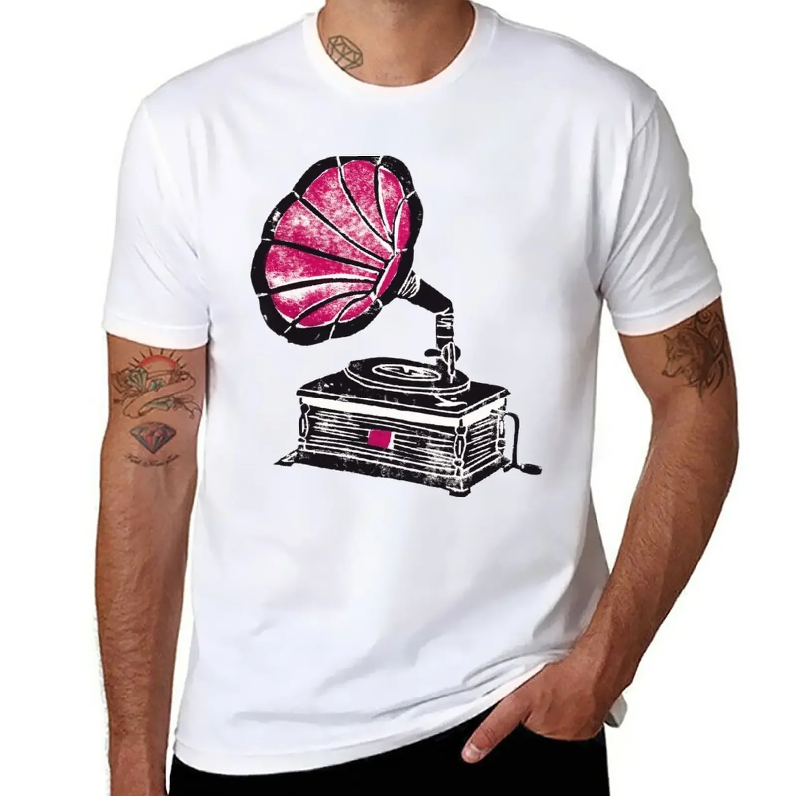 New Linocut Gramophone T-Shirt Short sleeve tee new edition cute clothes mens graphic t-shirts pack