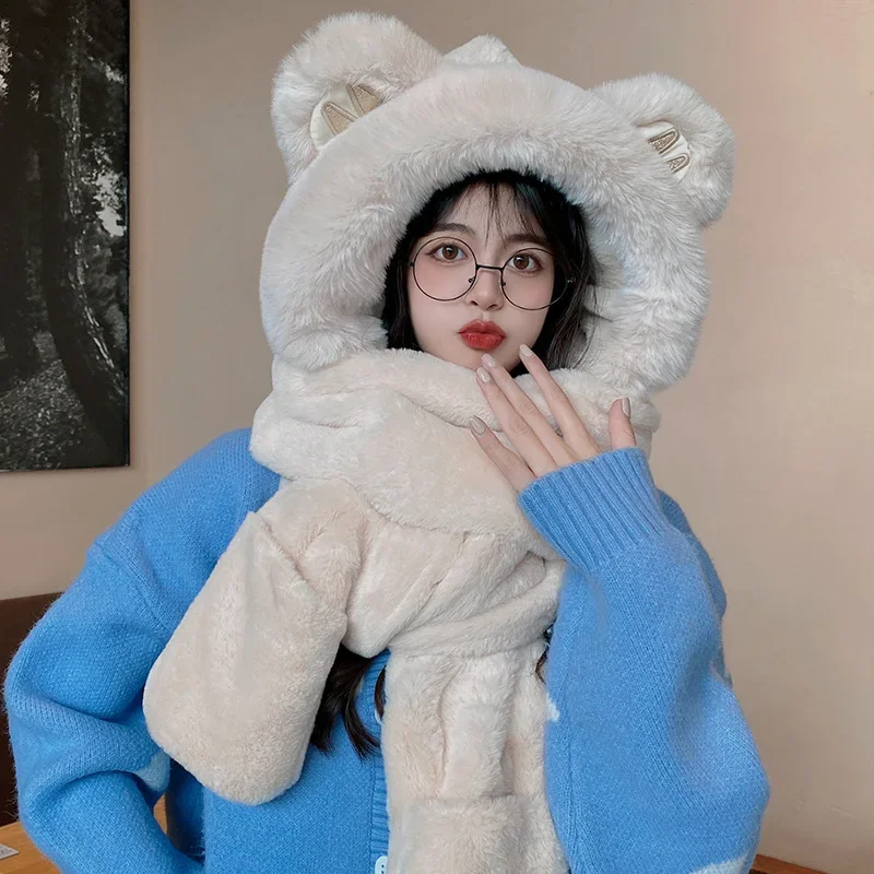 1pc Cute Bear Ears Hat Female 2022 Winter New Style Thickened Warm Plush Scarf All-in-one Hooded Scarf Three-in-one For Cycling