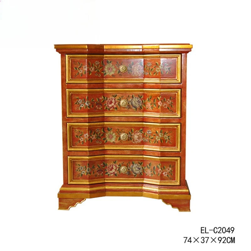 

French four-chest cabinet European painted flower orange locker living room bedroom multi-pump decorative cabinet
