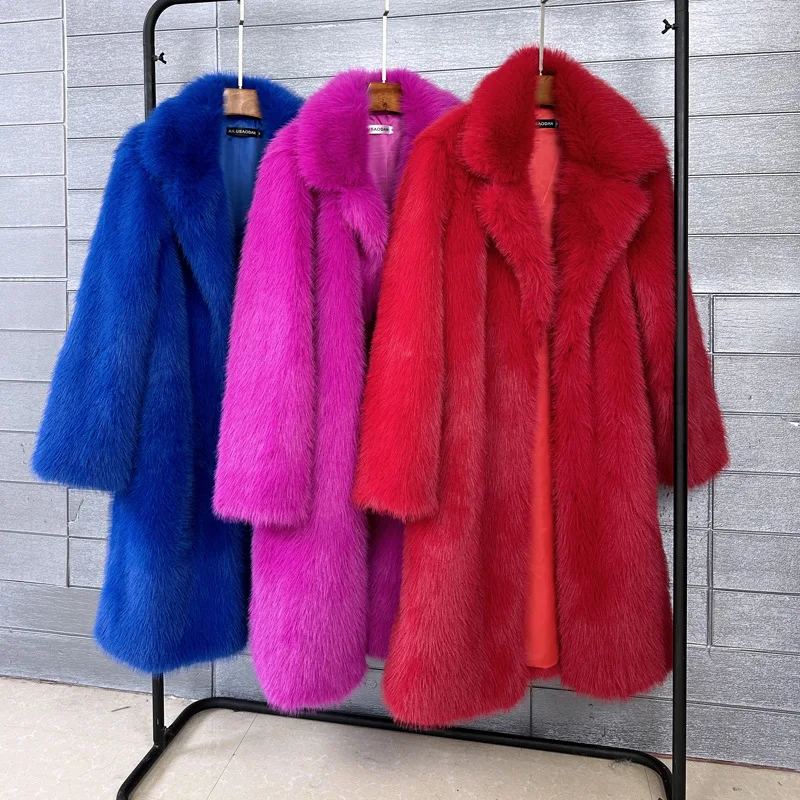 

2026 Long Faux Fur Coat Women Autumn Winter Large Jacket Overcoat Turn Down Collar Pockets Thick Coat Warm Jackets Maxi Coats