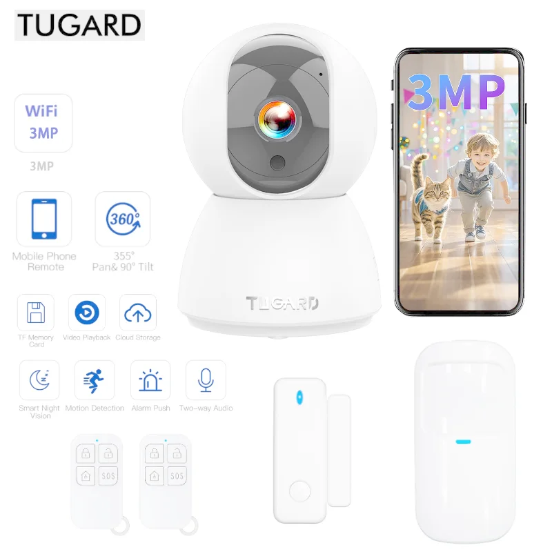 TUGARD IOT 2 in 1 Home Security Alarm System Camera Alarm System Kit Door/Window Sensor,Remote Control SOS Motion Detector WIFI