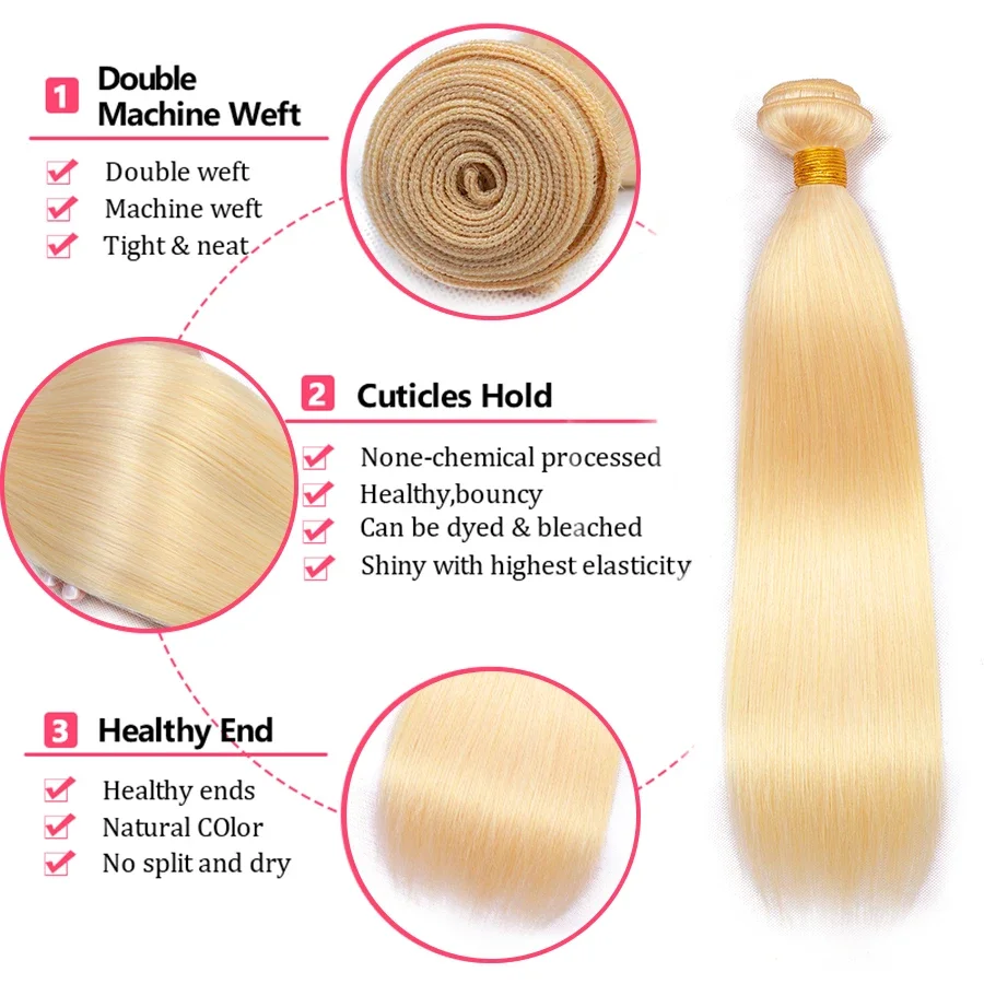 Bundles brésiliens de cheveux humains raides de couleur blonde pour femmes, tissage de trame, cheveux bruts, 28 po, 30 po, 32 po, 613