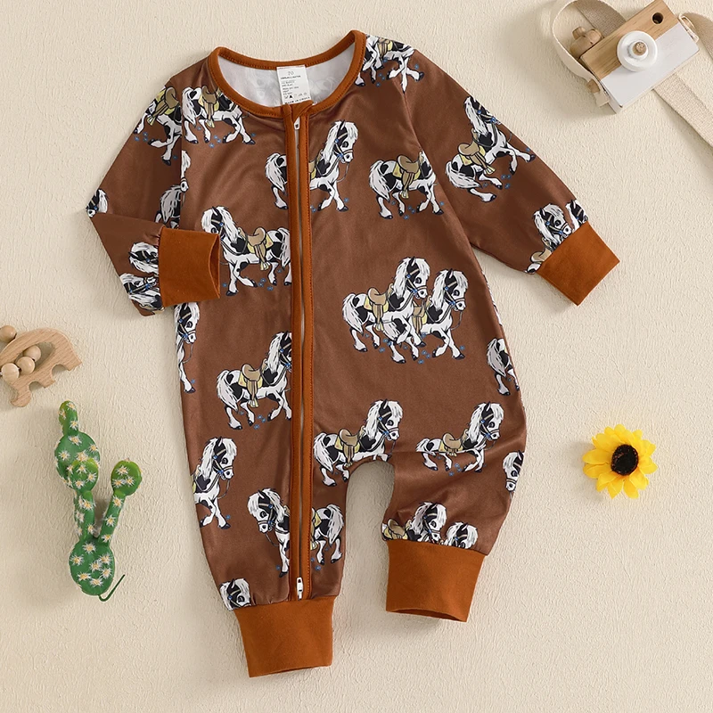 

Adorable Western Baby Romper with Cute Horse Print and Convenient Zipper Closure - Stylish Long Sleeve Infant Jumpsuit for