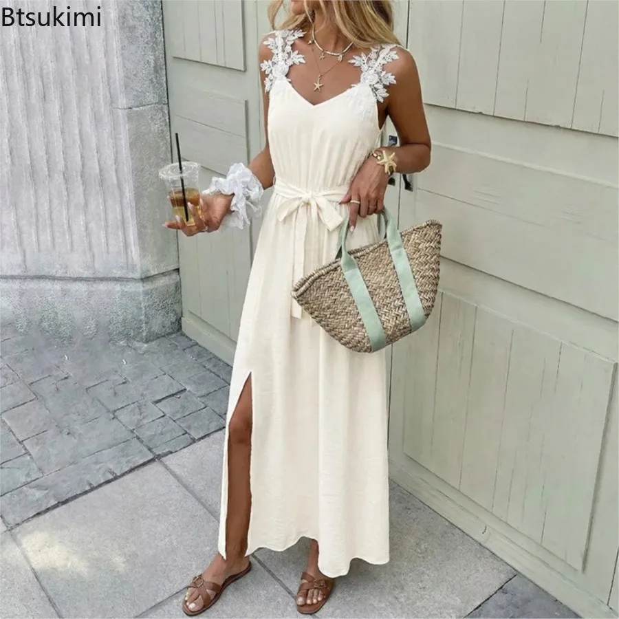 Summer Women's Sexy Bandeau Fitted Long Dress Floral Lace Detailing Women Straps Dress Flattering Waistline Elegant Slit Dresses