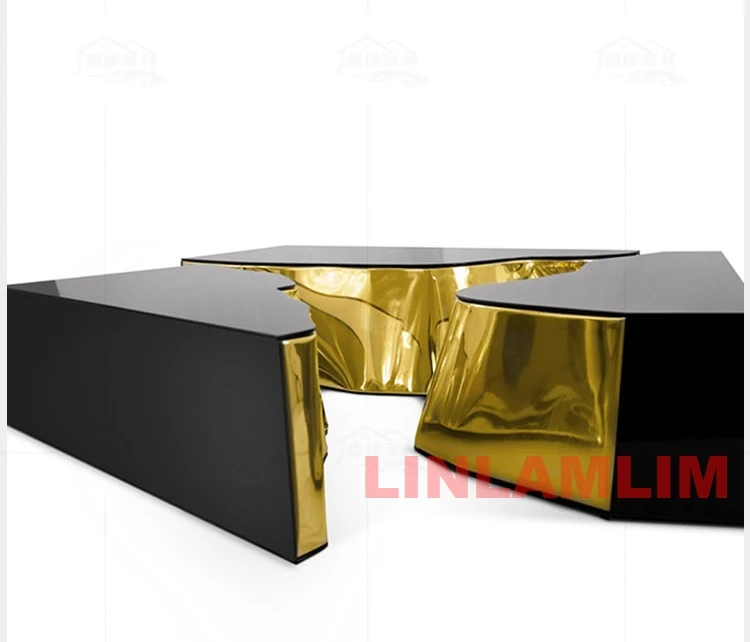 High Gloss Designer Tea Table, Modern Stainless Steel Coffee Table with Gold Accent Inlay, Luxury Geometric Center Table
