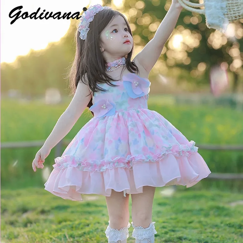 

Sweet Baby Girls Summer New Lolita Princess Sundress Girls Cute 3D Floral Ruffle Trim High Waist Mesh Tutu Birthday Party Dress