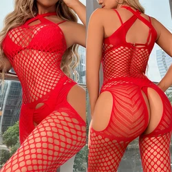 One-Piece Open Crotchless Bodystocking For Sex Lace Transparent Lingerie Plus Size Fishnet Bodysuit Naked Women Erotic Costumes